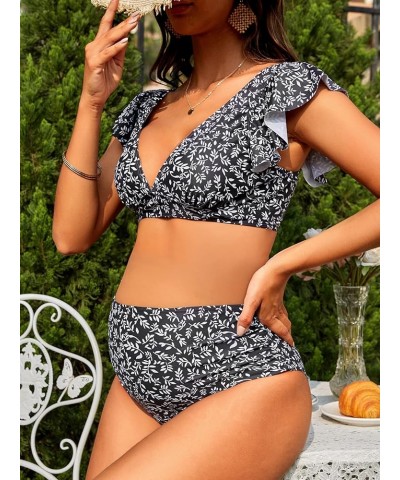 Women's Maternity Two Piece Swimsuit Floral Ruffle Sleeve High Waisted Bikini Set Black White $19.24 Swimsuits