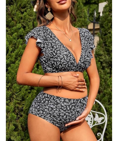 Women's Maternity Two Piece Swimsuit Floral Ruffle Sleeve High Waisted Bikini Set Black White $19.24 Swimsuits