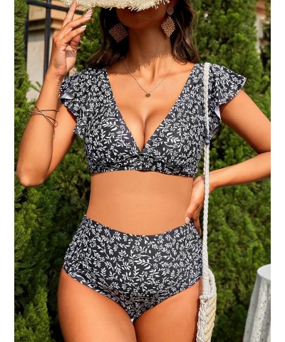 Women's Maternity Two Piece Swimsuit Floral Ruffle Sleeve High Waisted Bikini Set Black White $19.24 Swimsuits