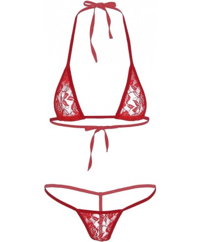 Women's 2 Pcs See Through Floral Lace Micro Bikini Extreme Halterneck Bra Top with G-String Swimsuit Red $9.56 Swimsuits