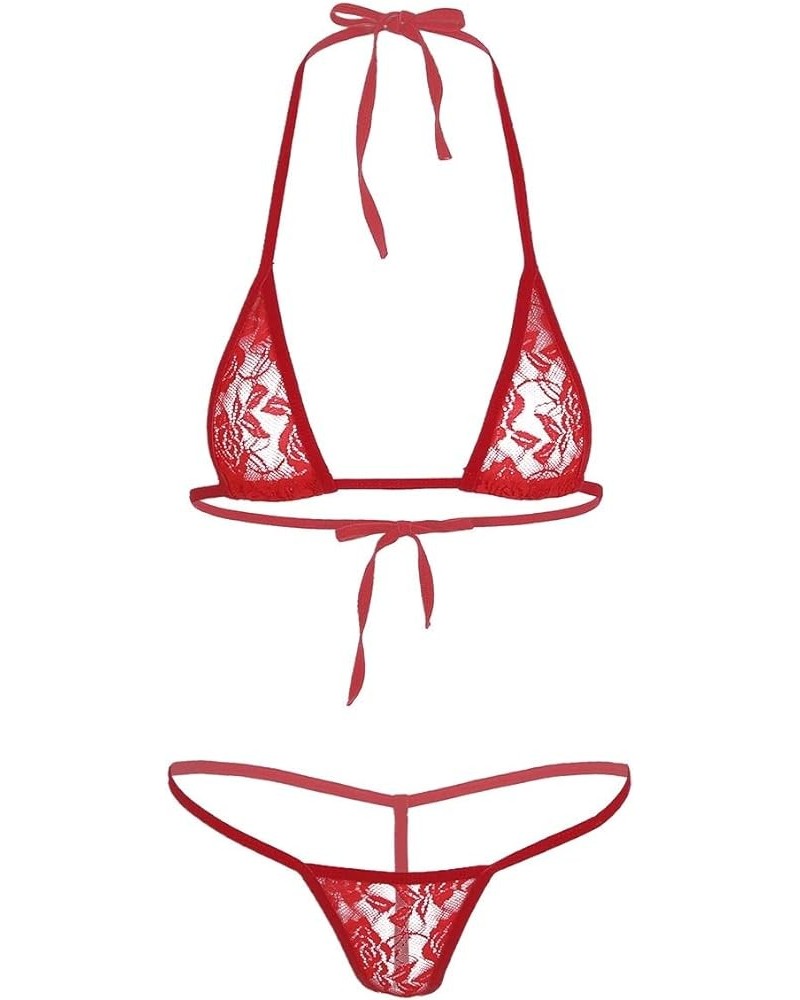 Women's 2 Pcs See Through Floral Lace Micro Bikini Extreme Halterneck Bra Top with G-String Swimsuit Red $9.56 Swimsuits