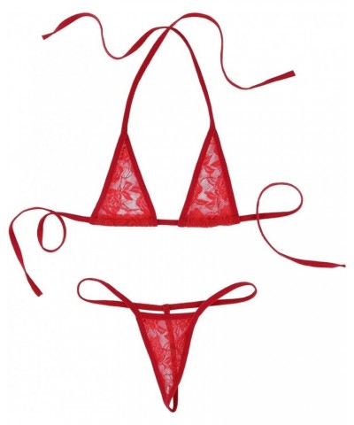 Women's 2 Pcs See Through Floral Lace Micro Bikini Extreme Halterneck Bra Top with G-String Swimsuit Red $9.56 Swimsuits