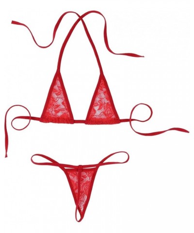 Women's 2 Pcs See Through Floral Lace Micro Bikini Extreme Halterneck Bra Top with G-String Swimsuit Red $9.56 Swimsuits