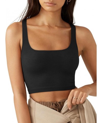 Women's Sexy Sleeveless Square Neck Fitted Ribbed Gym Workout Crop Tank Tops Black $12.00 Tanks