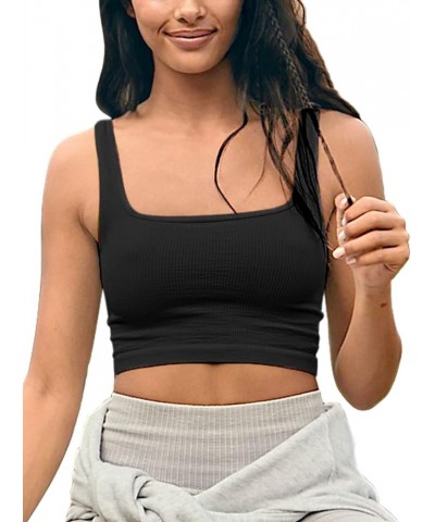 Women's Sexy Sleeveless Square Neck Fitted Ribbed Gym Workout Crop Tank Tops Black $12.00 Tanks