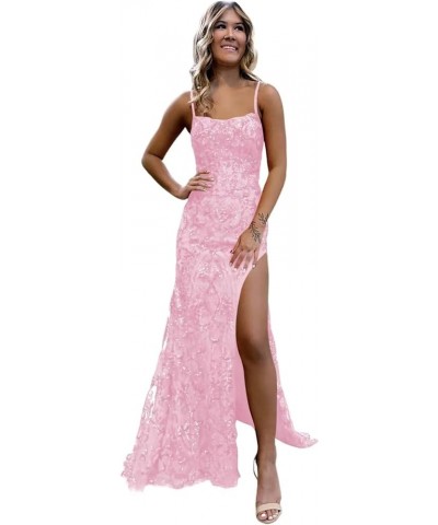 Sequin Appliques Prom Dresses Formal Gowns with Slit Spaghetti Strap Mermaid Evening Party Dress for Women B-pink $40.49 Dresses