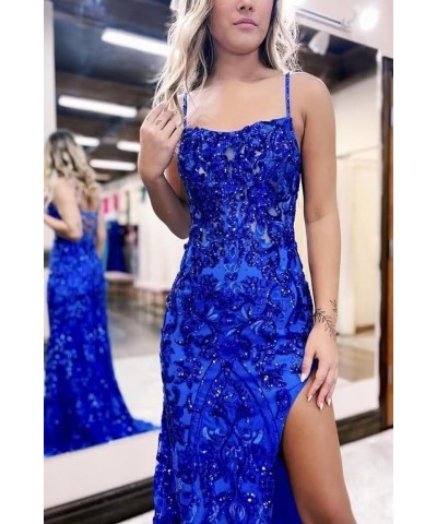 Sequin Appliques Prom Dresses Formal Gowns with Slit Spaghetti Strap Mermaid Evening Party Dress for Women B-pink $40.49 Dresses