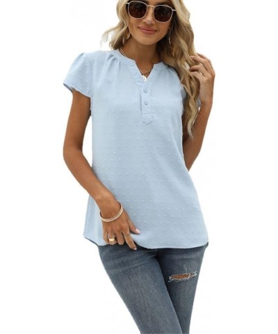 Kwoki Women's Swiss Dot Shirts Casual Loose V Neck Button Up Solid Colour Chiffon Blouse Tops Blue 01 $17.38 Blouses