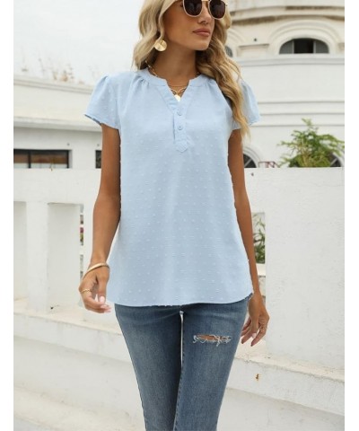 Kwoki Women's Swiss Dot Shirts Casual Loose V Neck Button Up Solid Colour Chiffon Blouse Tops Blue 01 $17.38 Blouses