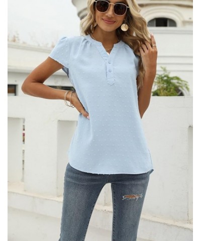 Kwoki Women's Swiss Dot Shirts Casual Loose V Neck Button Up Solid Colour Chiffon Blouse Tops Blue 01 $17.38 Blouses