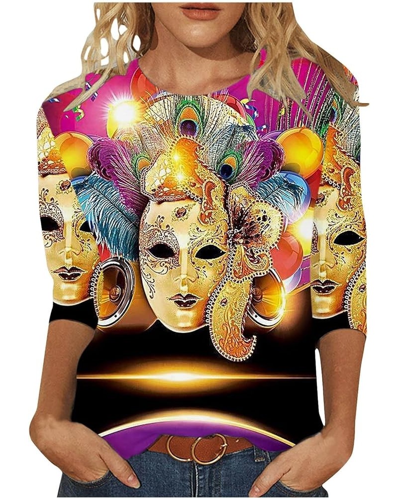 Mardi Gras Outfit for Women Carnival Going Out Tops Trendy 2024 Holiday Graphic Tees 3/4 Length Sleeve Tshirt Shirts 07 Multi...