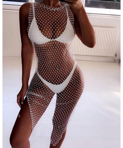 Women Sparkly Rhinestones Mesh See Through Bodycon Midi Dress Sexy Hollow Out Beach Bikini Cover Up Rave Festival Outfit Y Wh...