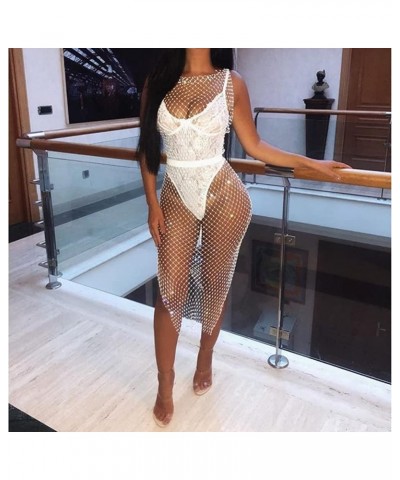 Women Sparkly Rhinestones Mesh See Through Bodycon Midi Dress Sexy Hollow Out Beach Bikini Cover Up Rave Festival Outfit Y Wh...