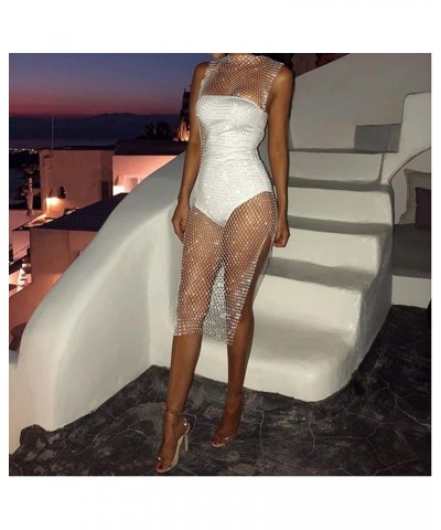 Women Sparkly Rhinestones Mesh See Through Bodycon Midi Dress Sexy Hollow Out Beach Bikini Cover Up Rave Festival Outfit Y Wh...