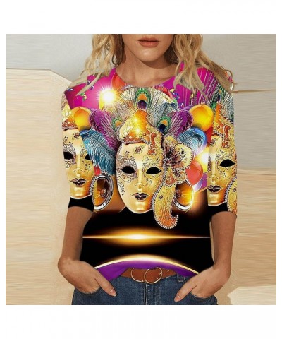 Mardi Gras Outfit for Women Carnival Going Out Tops Trendy 2024 Holiday Graphic Tees 3/4 Length Sleeve Tshirt Shirts 07 Multi...