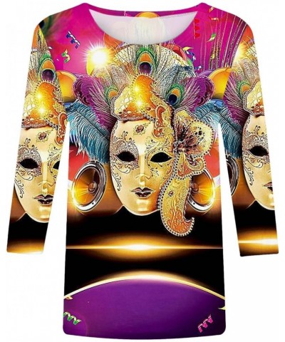 Mardi Gras Outfit for Women Carnival Going Out Tops Trendy 2024 Holiday Graphic Tees 3/4 Length Sleeve Tshirt Shirts 07 Multi...