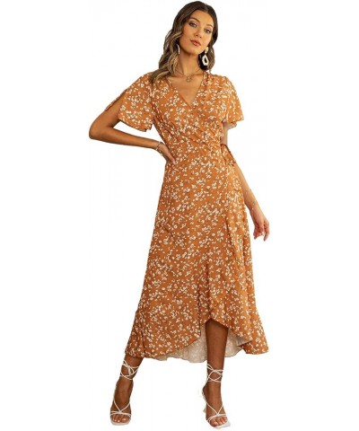 Women's Boho V Neck Ruffle Floral Wrap Maxi Dress Floral-Short Sleeve H-pumpkin $16.19 Dresses