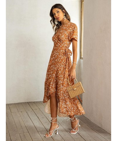 Women's Boho V Neck Ruffle Floral Wrap Maxi Dress Floral-Short Sleeve H-pumpkin $16.19 Dresses