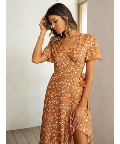 Women's Boho V Neck Ruffle Floral Wrap Maxi Dress Floral-Short Sleeve H-pumpkin $16.19 Dresses