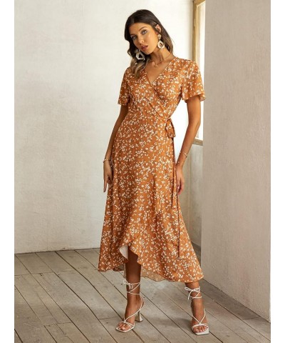 Women's Boho V Neck Ruffle Floral Wrap Maxi Dress Floral-Short Sleeve H-pumpkin $16.19 Dresses