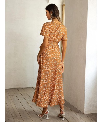 Women's Boho V Neck Ruffle Floral Wrap Maxi Dress Floral-Short Sleeve H-pumpkin $16.19 Dresses