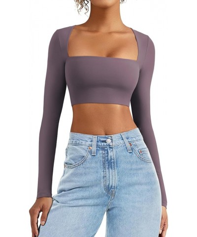 Women's Square Neck Crop Top Workout Tops Long Sleeve Shirts Cropped T Shirts Women Cute Top 1 Reddish Purple $12.04 Tops