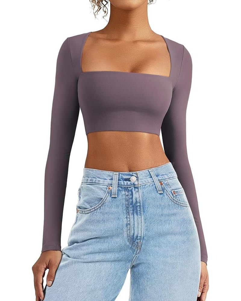 Women's Square Neck Crop Top Workout Tops Long Sleeve Shirts Cropped T Shirts Women Cute Top 1 Reddish Purple $12.04 Tops