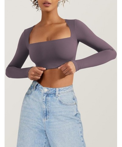 Women's Square Neck Crop Top Workout Tops Long Sleeve Shirts Cropped T Shirts Women Cute Top 1 Reddish Purple $12.04 Tops