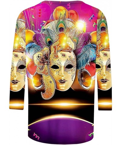 Mardi Gras Outfit for Women Carnival Going Out Tops Trendy 2024 Holiday Graphic Tees 3/4 Length Sleeve Tshirt Shirts 07 Multi...