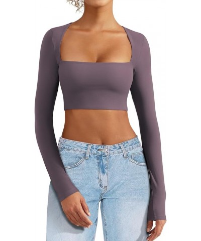 Women's Square Neck Crop Top Workout Tops Long Sleeve Shirts Cropped T Shirts Women Cute Top 1 Reddish Purple $12.04 Tops