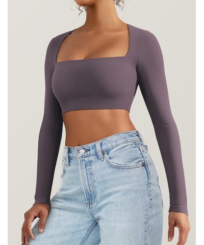 Women's Square Neck Crop Top Workout Tops Long Sleeve Shirts Cropped T Shirts Women Cute Top 1 Reddish Purple $12.04 Tops