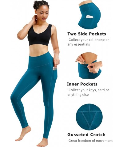 2 Pack High Waist Yoga Pants, Pocket Yoga Pants Tummy Control Workout Running 4 Way Stretch Yoga Leggings Black & Peacock Blu...