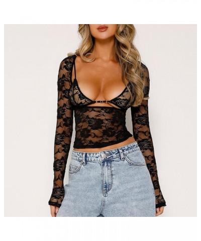 Women Lace Mesh Skirt Set Long Sleeve Tie-up Sheer Crop Top Low Waist Mini Bodycon Skirt Y2K Clubwear 2 Pcs Outfit D_ Black $...