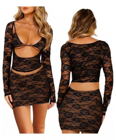 Women Lace Mesh Skirt Set Long Sleeve Tie-up Sheer Crop Top Low Waist Mini Bodycon Skirt Y2K Clubwear 2 Pcs Outfit D_ Black $...