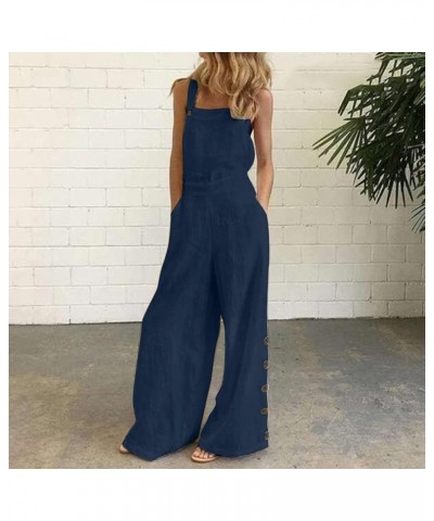 Loose Overalls for Women Casual Women's Cotton Linen Flower Print Bib Overall Jumpsuit Womens Rompers for Summer Z3 Navy $3.4...