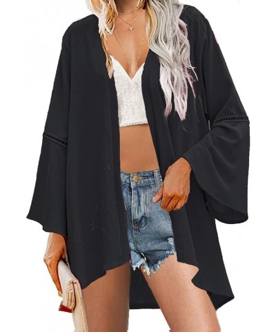 Kimonos for Women Bell Sleeve Loose Kimono Cardigan Casual Open Front Beach Cover Up 2024 Black $14.40 Swimsuits