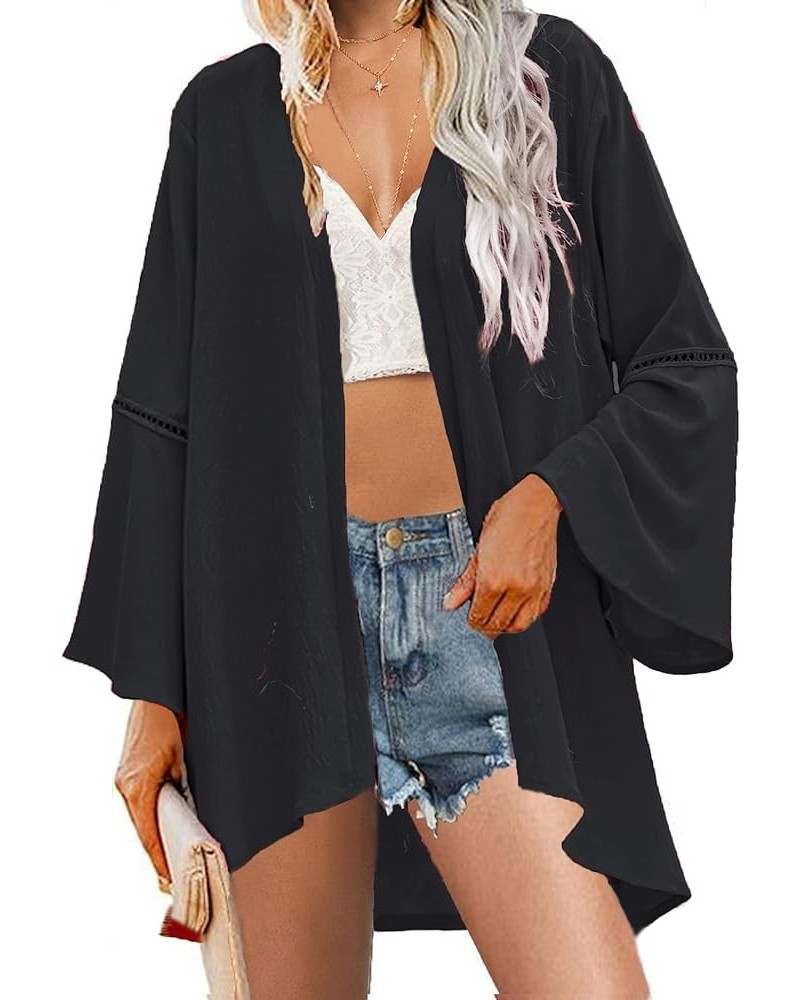 Kimonos for Women Bell Sleeve Loose Kimono Cardigan Casual Open Front Beach Cover Up 2024 Black $14.40 Swimsuits