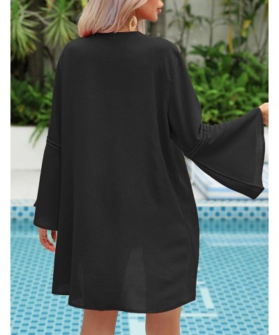 Kimonos for Women Bell Sleeve Loose Kimono Cardigan Casual Open Front Beach Cover Up 2024 Black $14.40 Swimsuits