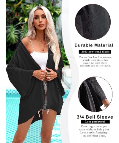 Kimonos for Women Bell Sleeve Loose Kimono Cardigan Casual Open Front Beach Cover Up 2024 Black $14.40 Swimsuits