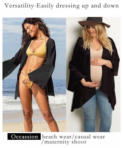 Kimonos for Women Bell Sleeve Loose Kimono Cardigan Casual Open Front Beach Cover Up 2024 Black $14.40 Swimsuits