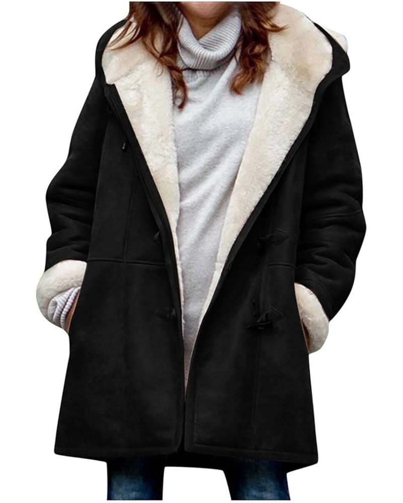 Warm Jackets for Women,Womens Winter Trench Coats Zip Up Breasted Long Sleeve Hooded Fleece Jacket Fuzzy Pea Coat 01 Black $1...