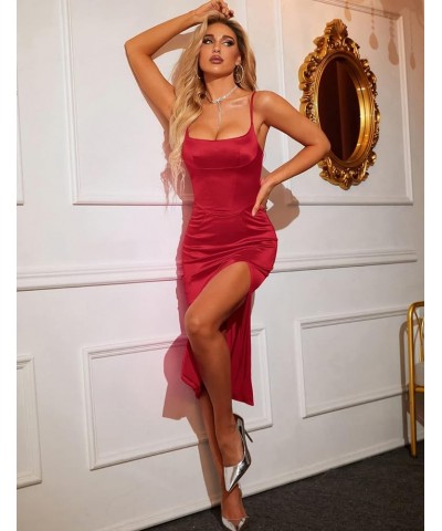 Women's Sexy Thigh High Slit Dress Square Neck Satin Spaghetti Strap Midi Dresses Red $23.50 Dresses