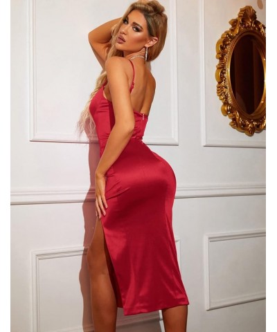 Women's Sexy Thigh High Slit Dress Square Neck Satin Spaghetti Strap Midi Dresses Red $23.50 Dresses