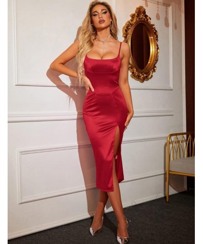 Women's Sexy Thigh High Slit Dress Square Neck Satin Spaghetti Strap Midi Dresses Red $23.50 Dresses