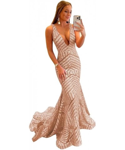 Mermaid Prom Dresses for Women Sequin V Neck Long Formal Evening Gowns with Train Champagne $32.90 Dresses