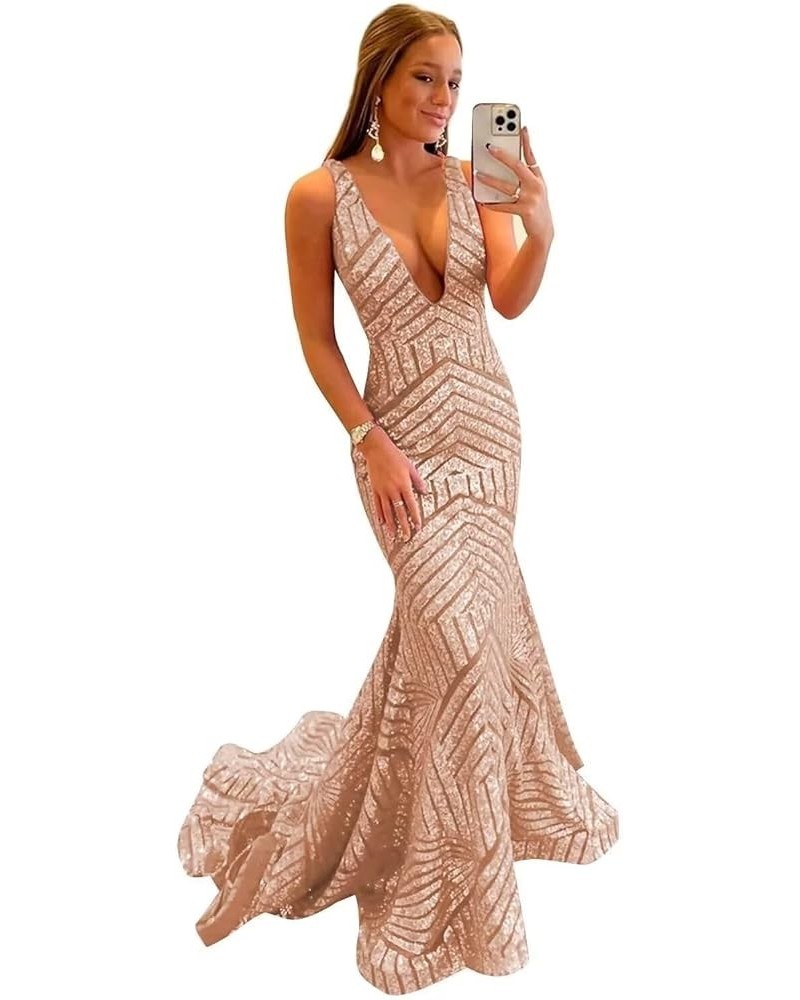 Mermaid Prom Dresses for Women Sequin V Neck Long Formal Evening Gowns with Train Champagne $32.90 Dresses