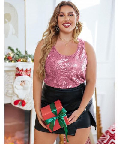 Women's Sequin Tops Plus Size Glitter Tank Top Sleeveless Sparkle Shimmer Shirt Tops Pink $25.47 Tanks