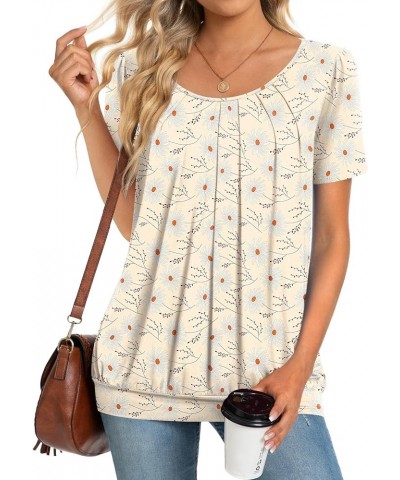 2024 Women's Summer Tunic Tops Short Sleeve Casual Tshirt for Leggings Pleated Loose Blouses Apricot Feverfew $12.60 Tops