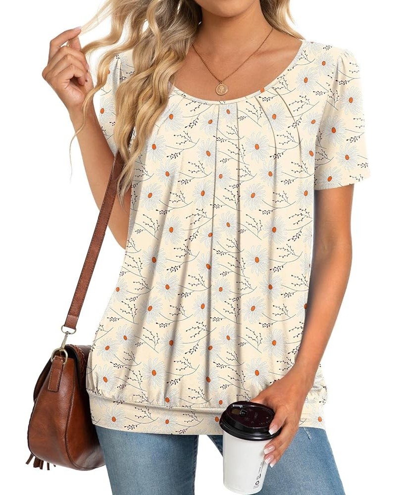 2024 Women's Summer Tunic Tops Short Sleeve Casual Tshirt for Leggings Pleated Loose Blouses Apricot Feverfew $12.60 Tops