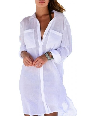 Beach Swimsuit for Women Sleeve Coverups Bikini Cover Up Pocket White $12.97 Swimsuits